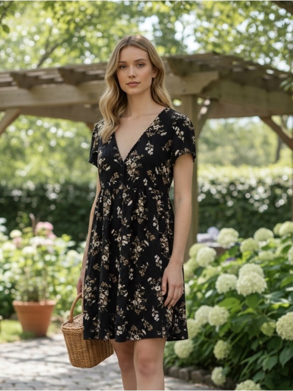 Denim & Supply Ralph Lauren Black Floral Babydoll Button Front Mini Dress